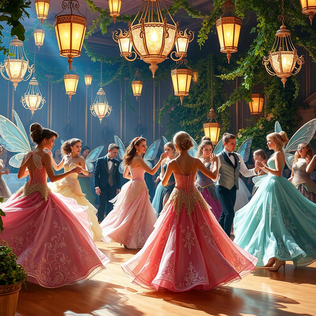 A whimsical fantasy ball scene with fairies and elves elegantly dancing together