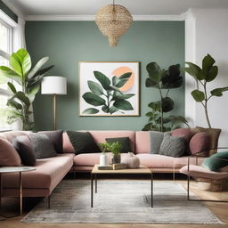 A tastefully decorated room with modern furniture, lush indoor plants, ambient lighting, and appealing artwork on the walls