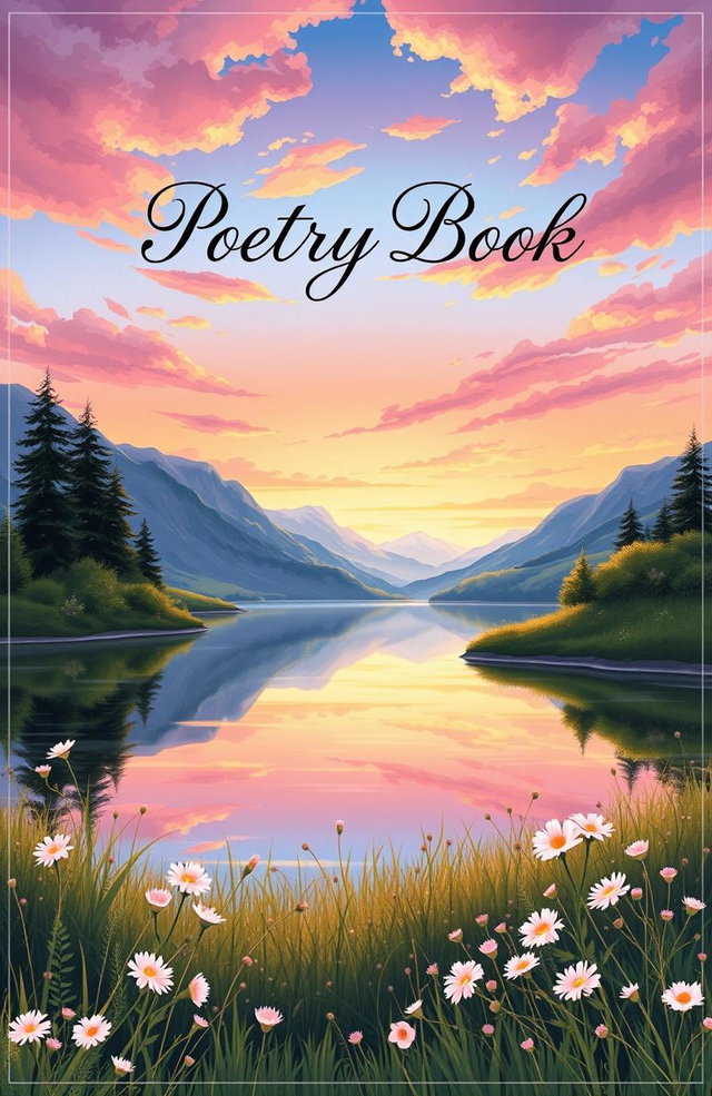A beautifully illustrated cover for a poetry book, featuring an enchanting landscape at dawn, with vibrant colors such as soft pinks, purples, and golden yellows