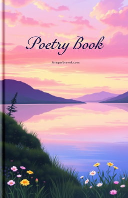 A beautifully illustrated cover for a poetry book, featuring an enchanting landscape at dawn, with vibrant colors such as soft pinks, purples, and golden yellows