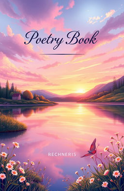 A beautifully illustrated cover for a poetry book, featuring an enchanting landscape at dawn, with vibrant colors such as soft pinks, purples, and golden yellows