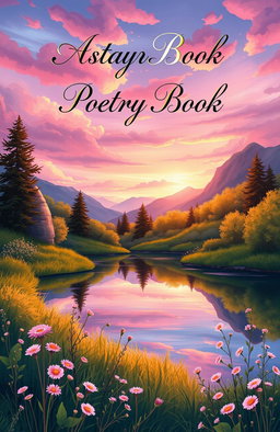 A beautifully illustrated cover for a poetry book, featuring an enchanting landscape at dawn, with vibrant colors such as soft pinks, purples, and golden yellows