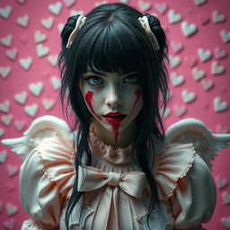 A realistic portrayal of a beautiful 20-year-old woman with striking black hair, her face ominously stained with blood, creating a terrifying yet captivating image