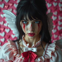 A realistic portrayal of a beautiful 20-year-old woman with striking black hair, her face ominously stained with blood, creating a terrifying yet captivating image
