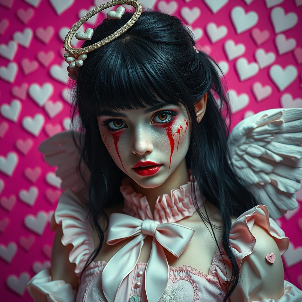 A realistic portrayal of a beautiful 20-year-old woman with striking black hair, her face ominously stained with blood, creating a terrifying yet captivating image