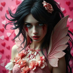 A realistic portrayal of a beautiful 20-year-old woman with dark, flowing black hair, her face eerily smeared with blood, creating a terrifying juxtaposition of beauty and horror
