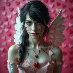 A realistic portrayal of a beautiful 20-year-old woman with dark, flowing black hair, her face eerily smeared with blood, creating a terrifying juxtaposition of beauty and horror