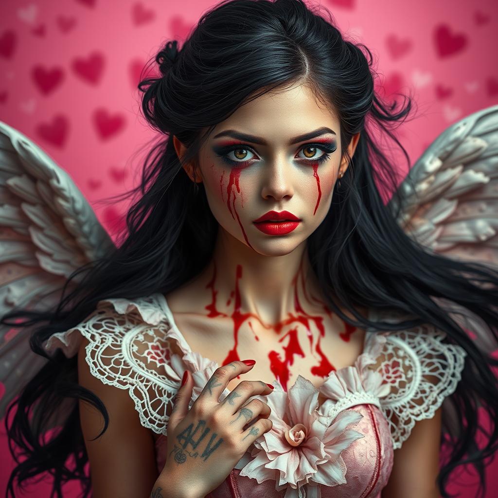 A realistic portrayal of a beautiful 20-year-old woman with dark, flowing black hair, her face eerily smeared with blood, creating a terrifying juxtaposition of beauty and horror
