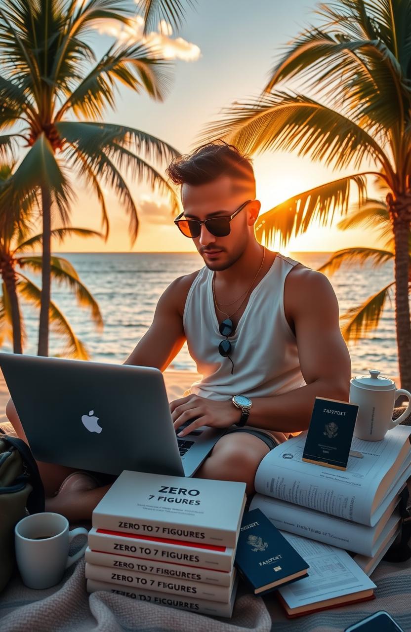 A digital nomad working on a laptop in a beautiful tropical location, surrounded by palm trees and a stunning ocean view