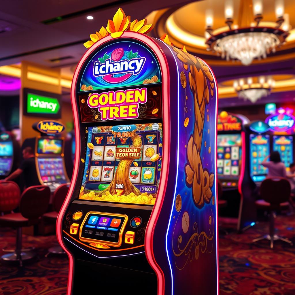 A vibrant and colorful game machine representing an online gambling site like ichancy, featuring the game 'Golden Tree' by Pascal