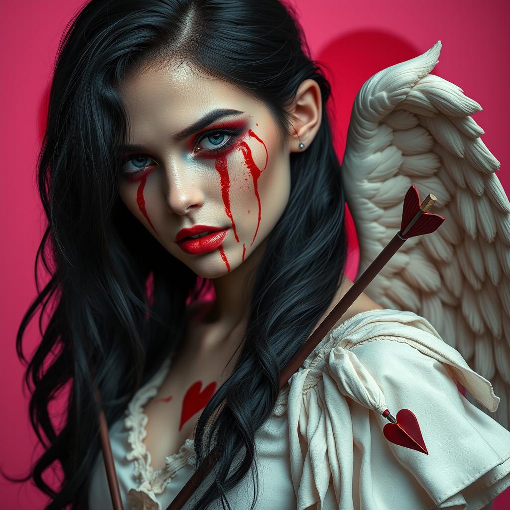 A realistic portrayal of a stunning 20-year-old woman with luscious black hair, her face strikingly smeared with blood, creating a terrifying yet captivating image
