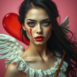 A realistic portrayal of a stunning 20-year-old woman with luscious black hair, her face strikingly smeared with blood, creating a terrifying yet captivating image