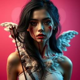 A realistic portrayal of a stunning 20-year-old woman with luscious black hair, her face strikingly smeared with blood, creating a terrifying yet captivating image