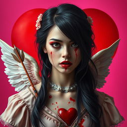 A realistic portrayal of a stunning 20-year-old woman with luscious black hair, her face strikingly smeared with blood, creating a terrifying yet captivating image