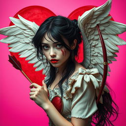 A realistic portrayal of a stunning 20-year-old woman with luscious black hair, her face dramatically smeared with blood, creating a striking and scary effect