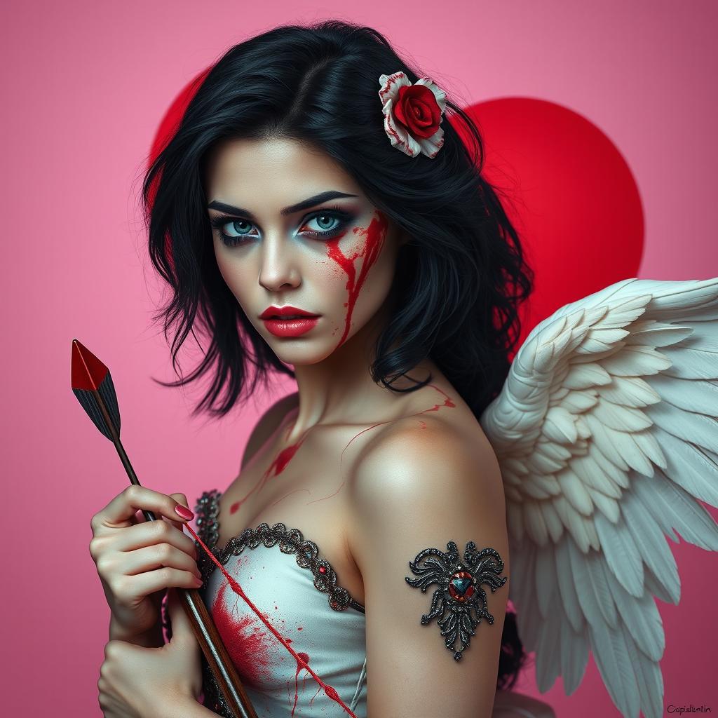 A realistic portrayal of a stunning 20-year-old woman with luscious black hair, her face dramatically smeared with blood, creating a striking and scary effect