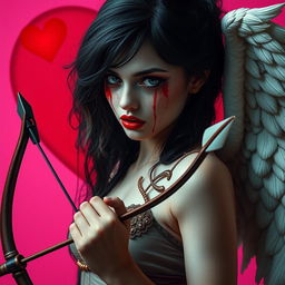 A realistic portrayal of a stunning 20-year-old woman with luscious black hair, her face dramatically smeared with blood, creating a striking and scary effect