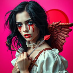 A realistic portrayal of a stunning 20-year-old woman with luscious black hair, her face dramatically smeared with blood, creating a striking and scary effect