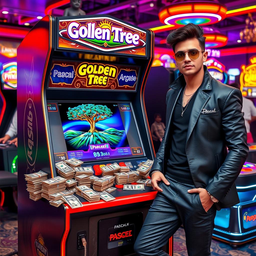 A modern arcade gaming machine featuring the game 'Golden Tree' by Pascal, surrounded by stacks of cash and dollar bills