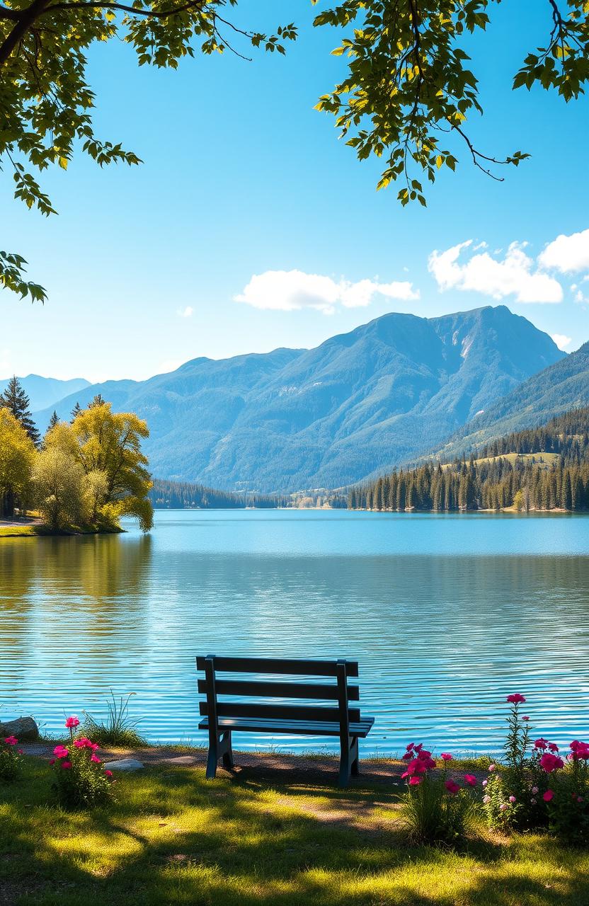 A serene and calming landscape that represents mental health, featuring a tranquil lake surrounded by lush green trees, soft sunlight filtering through the leaves, and a gentle breeze creating ripples in the water