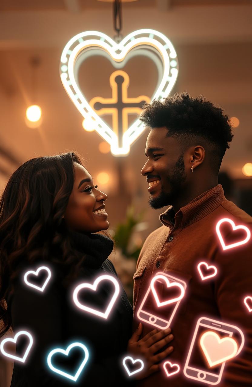 A romantic scene featuring a black woman and a black man standing close together, with a glowing heart symbol above them, representing love and connection