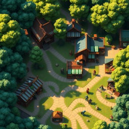 A tactical map for a tabletop RPG, depicting a bustling market in a vibrant city set within a lush forest