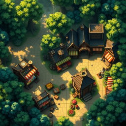 A tactical map for a tabletop RPG, depicting a bustling market in a vibrant city set within a lush forest