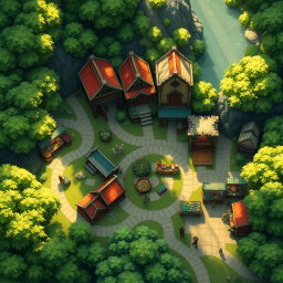 A tactical map for a tabletop RPG, depicting a bustling market in a vibrant city set within a lush forest
