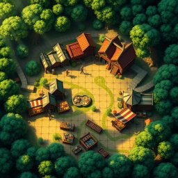 A tactical map for a tabletop RPG, depicting a bustling market in a vibrant city set within a lush forest