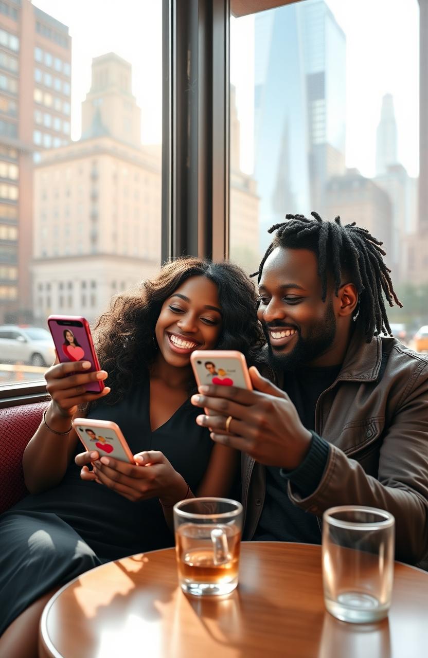 A black Christian couple, deeply in love, joyfully swiping through a dating app on their smartphones in a cozy New York City café