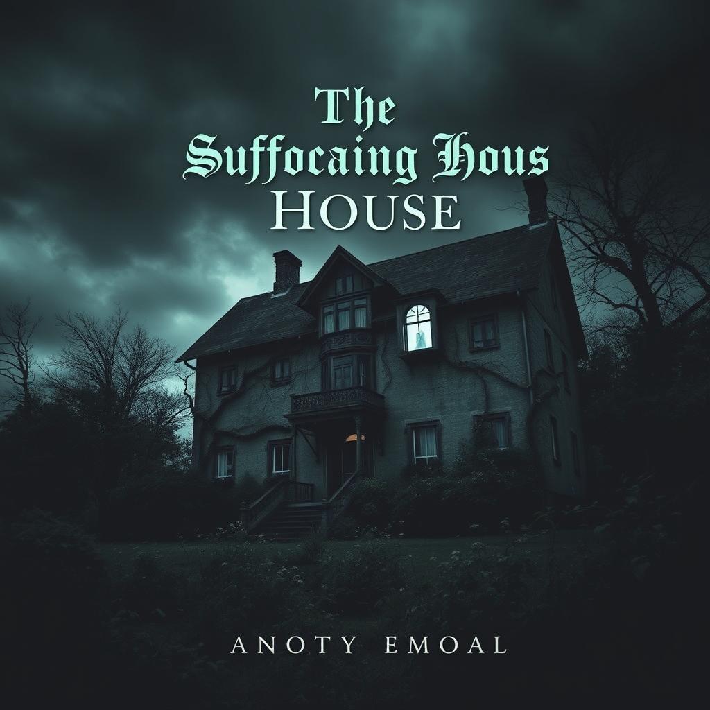 A haunting and atmospheric book cover for 'The Suffocating House', featuring an old, eerie mansion surrounded by a dark, overgrown garden