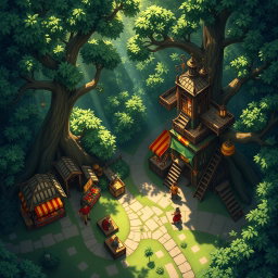 A tactical map for a tabletop RPG, illustrating a unique market within a city strategically located in a dense forest