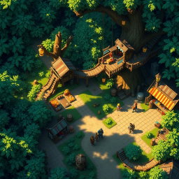 A tactical map for a tabletop RPG, illustrating a unique market within a city strategically located in a dense forest