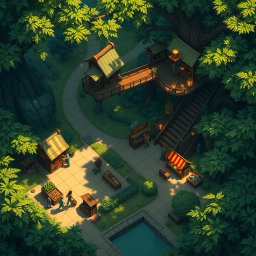 A tactical map for a tabletop RPG, illustrating a unique market within a city strategically located in a dense forest