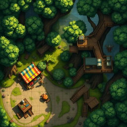 A detailed tactical map for a tabletop RPG, showcasing a unique market in a city nestled within a dense forest