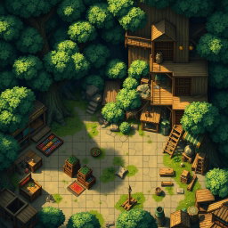 A detailed tactical map for a tabletop RPG, showcasing a unique market in a city nestled within a dense forest