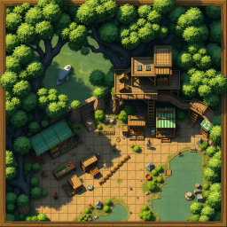 A detailed tactical map for a tabletop RPG, showcasing a unique market in a city nestled within a dense forest