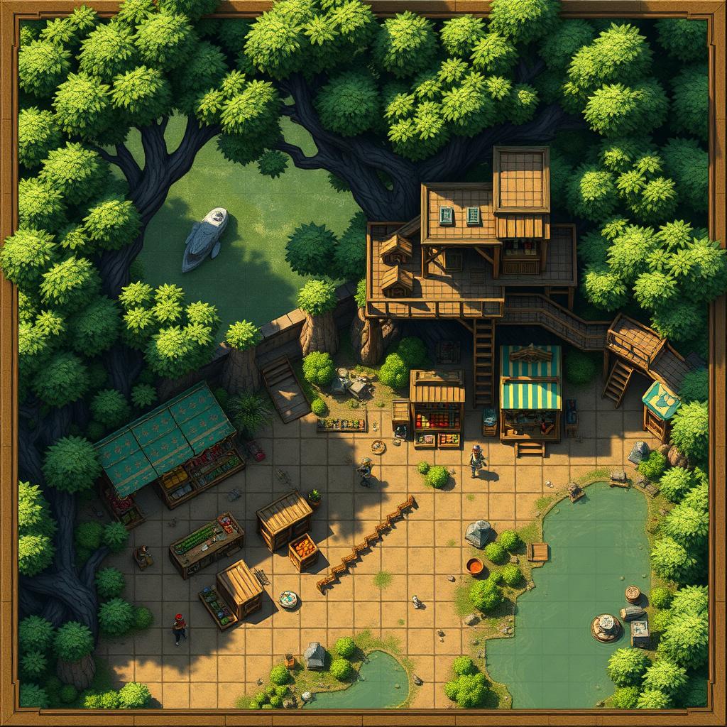 A detailed tactical map for a tabletop RPG, showcasing a unique market in a city nestled within a dense forest