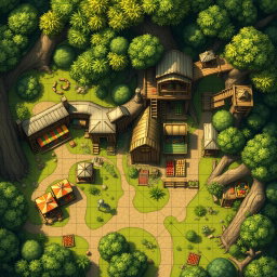 A detailed tactical map for a tabletop RPG, showcasing a unique market in a city nestled within a dense forest