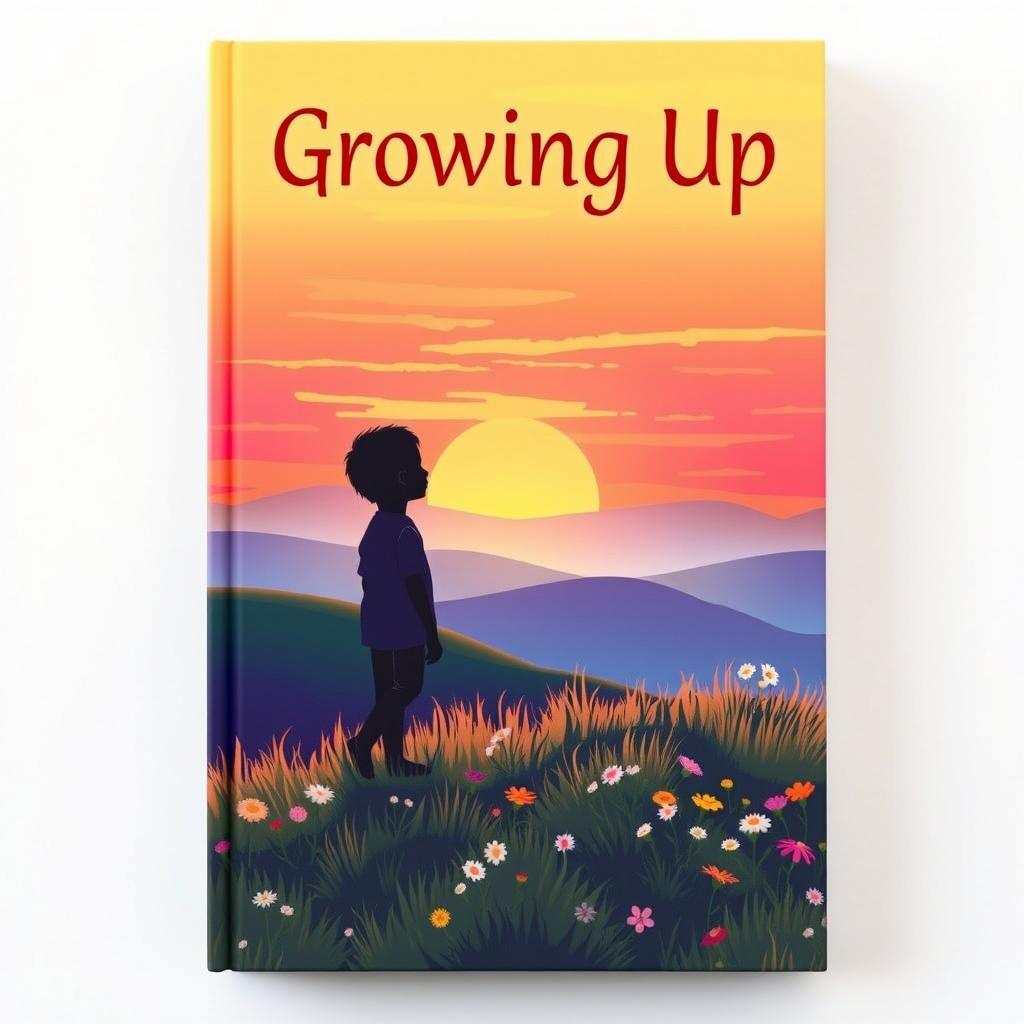 A heartfelt and evocative book cover for 'Growing Up', showcasing a vibrant scene of a young person standing on a grassy hillside, gazing towards a colorful sunset