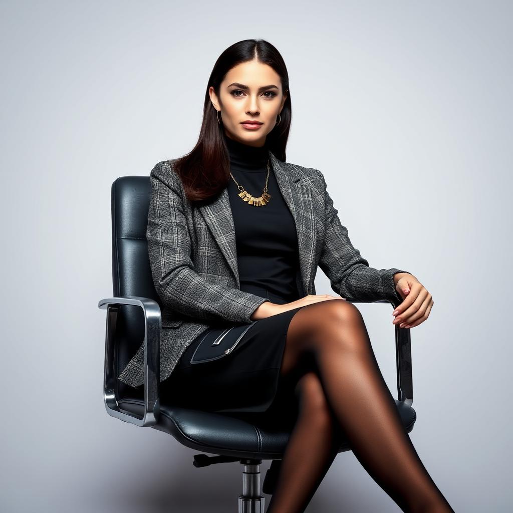 A sophisticated portrait of a young lawyer seated gracefully in an office chair, crossing her legs in a confident manner