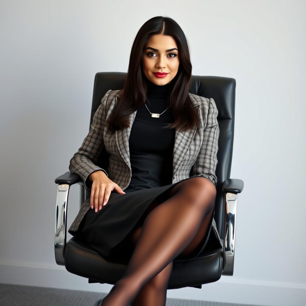A sophisticated portrait of a young lawyer seated comfortably in an office chair, crossing her legs in a poised manner