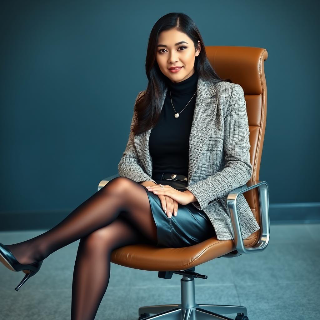 A sophisticated portrait of a young lawyer elegantly seated in an office chair, crossing her legs in a confident and poised manner