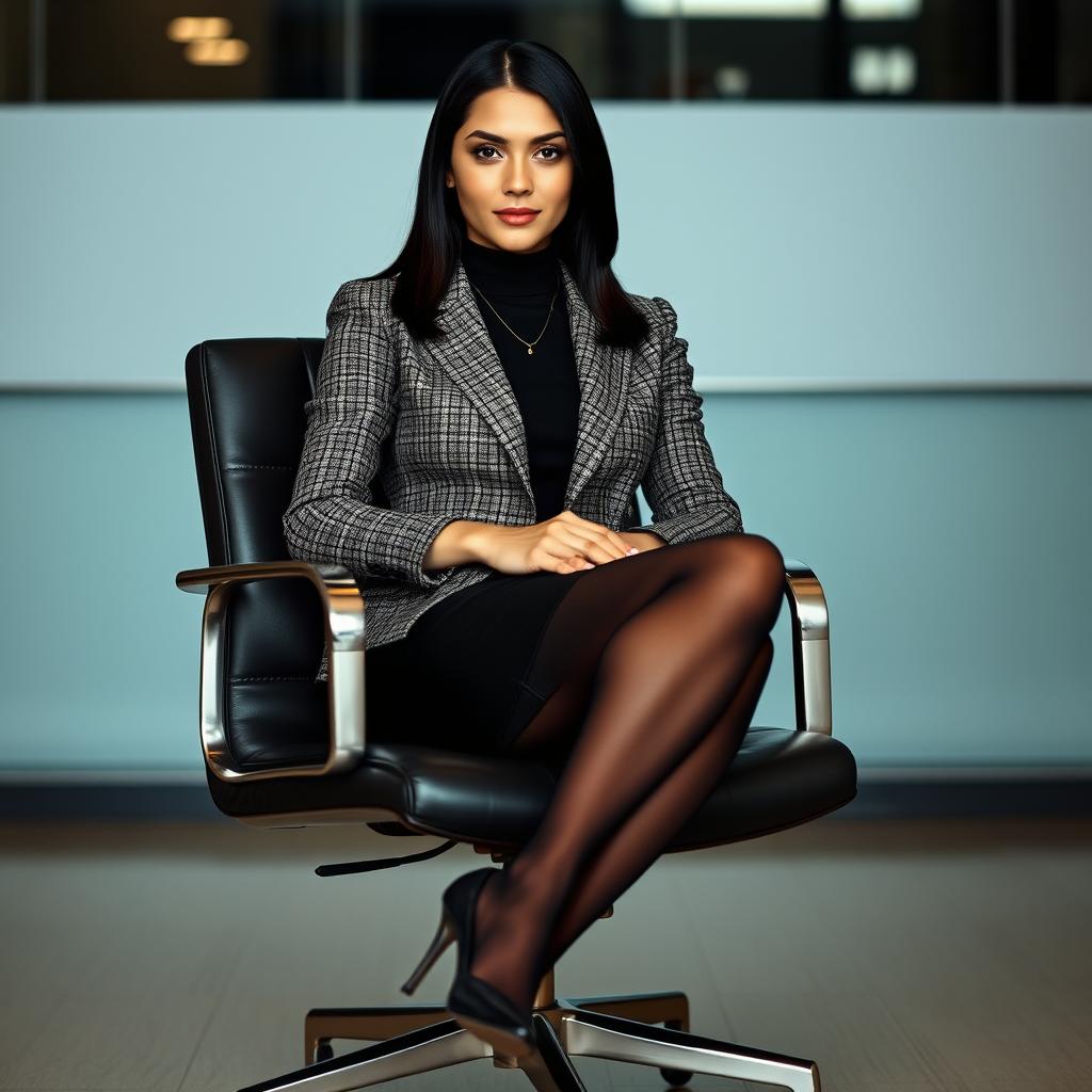 A refined portrait of a young lawyer elegantly seated in an office chair, crossing her legs with poise