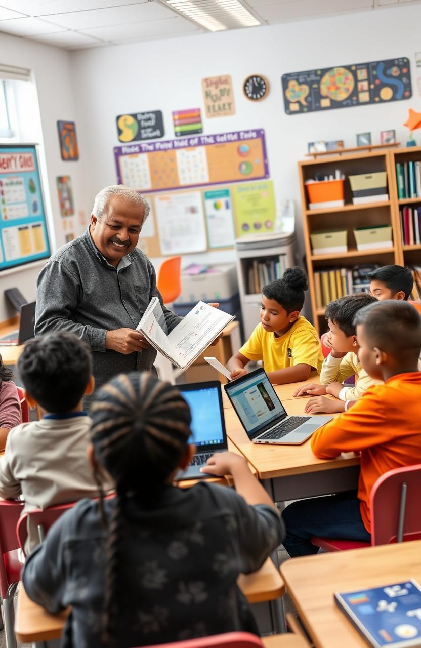 An image depicting a hands-on classroom setting where a diverse group of students, including different ethnicities and genders, are engaged in an interactive learning environment guided by a knowledgeable teacher