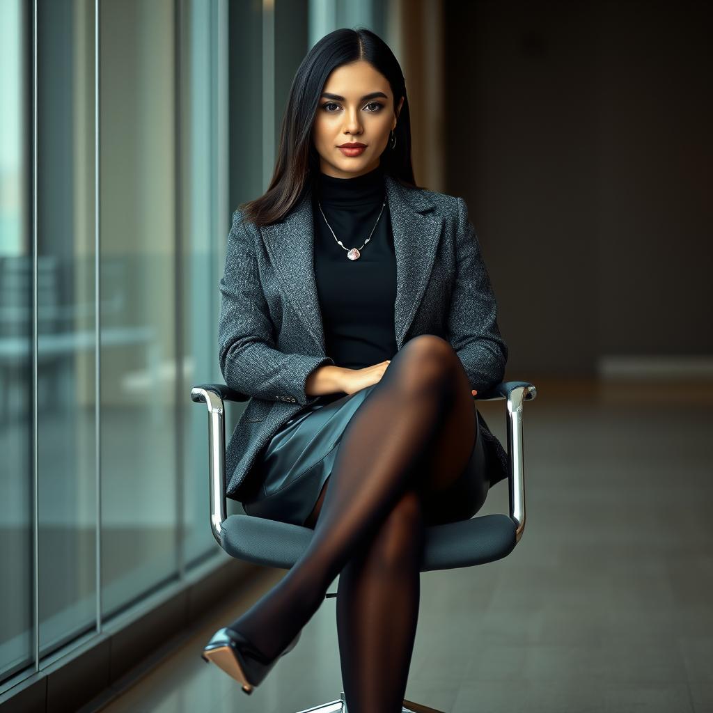 An elegant portrait of a young female lawyer confidently seated in an office chair, crossing her legs gracefully