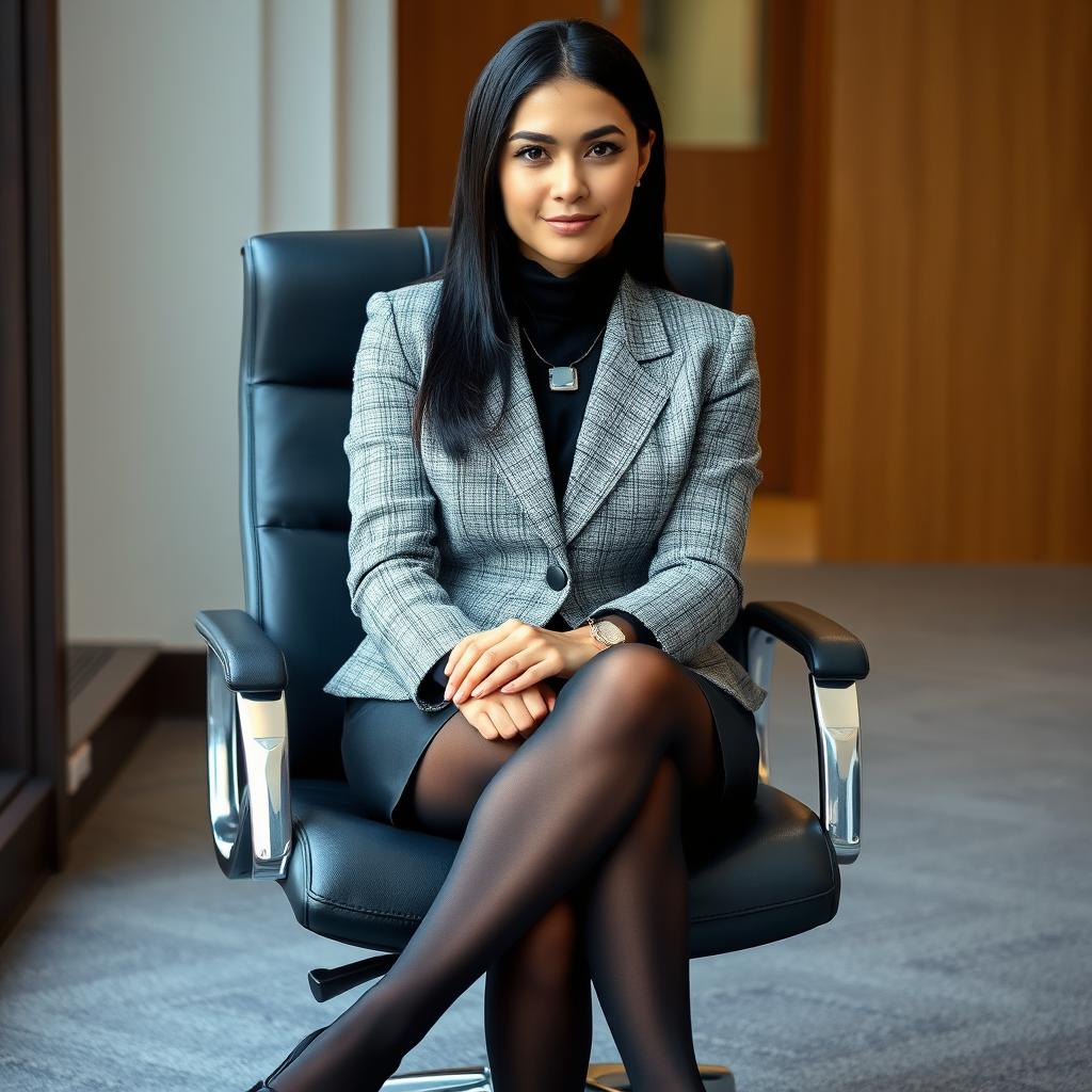 A portrait of a young lawyer seated in an office chair, crossing her legs in a sophisticated manner