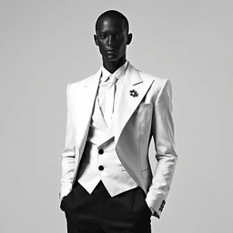 A faceless male model wearing a sharply structured black-and-white suit with exaggerated shoulders and an asymmetrical lapel, showcasing clean lines