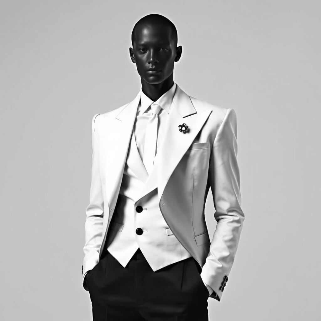 A faceless male model wearing a sharply structured black-and-white suit with exaggerated shoulders and an asymmetrical lapel, showcasing clean lines