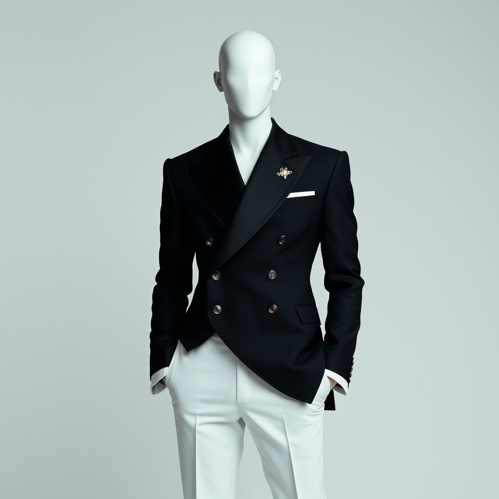 Bold Elegance: Faceless Male Model in a Black-and-White Suit
